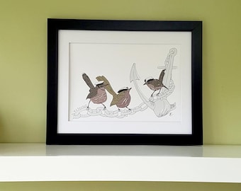 Wren Print, Wren Design, Bird Print, WRNS Print, Wall Art, Chain of Command print by Tracy Evans