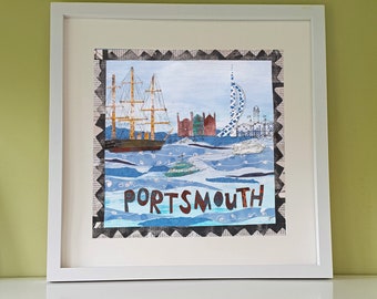 Square Unframed Print of Collage Wall Art of Portsmouth City Waterfront in Hampshire by Tracy Evans