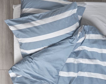 Cool Blue Reversible Thin Stripe Bedding Set