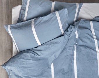 Juego de cama reversible de rayas gruesas en azul frío