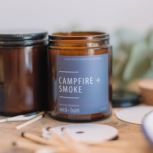 Wick + Burn - Campfire & Smoke - Soy Wax Candle - Wax Candle Soy - Amber Jar Candle - Glass Candle - Eco Wax Candle - UK Soy