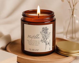 May Birthday Candle – Hawthorn Birth Flower Gift – Personalised Amber Jar Candle with Name & Message – Handmade Soy Gift UK