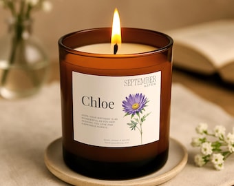 September Birthday Candle – Aster Birth Flower Gift – Personalised Pink White AmberJar Candle with Name & Message – Handmade Soy Candle UK