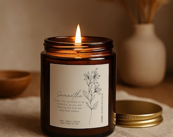 June Birthday Candle – Honeysuckle Birth Flower Gift – Personalised Amber Jar Candle with Name & Message – Handmade Soy Gift UK