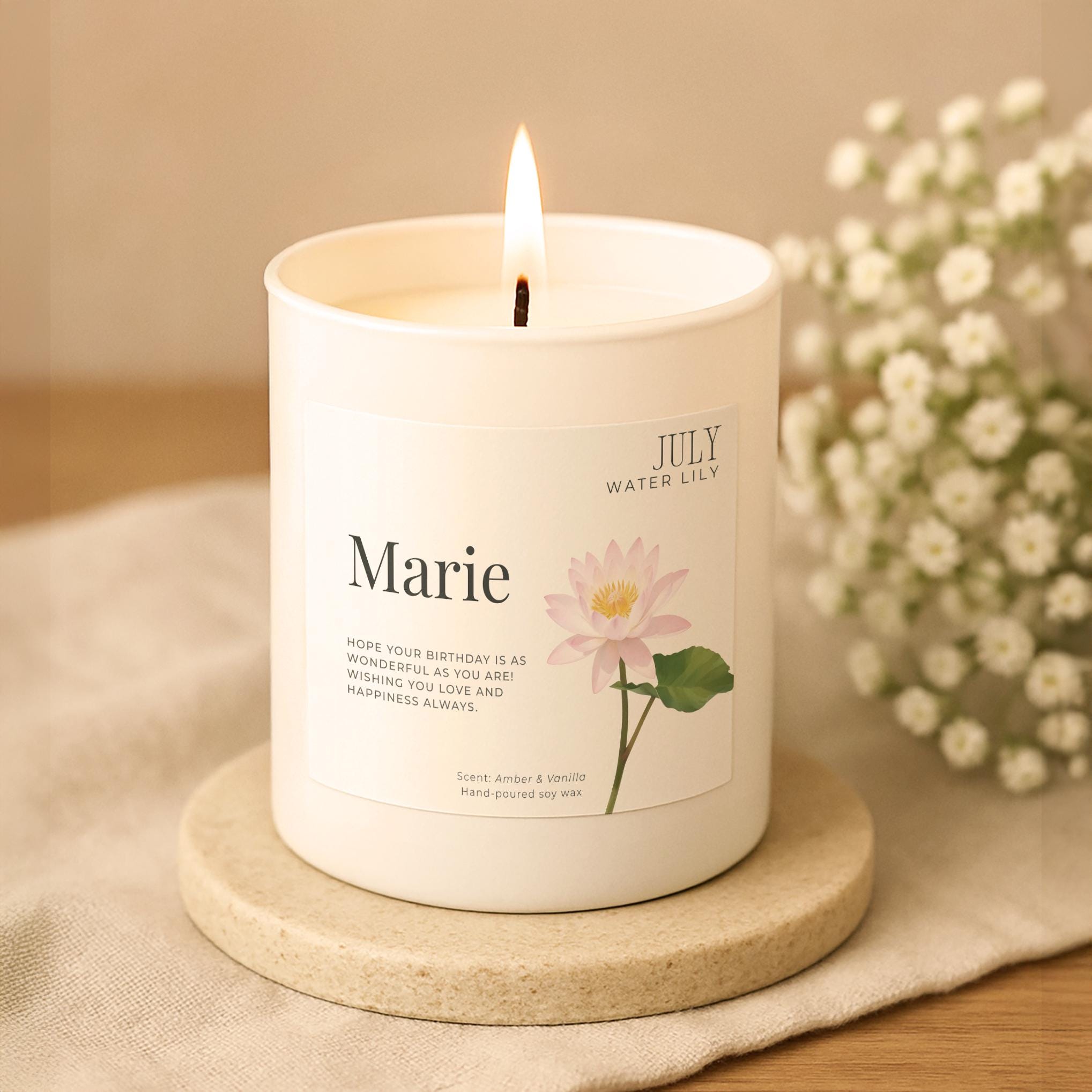 July Birthday Candle – Water Lily Birth Flower Gift – Personalised Pink White Amber Jar Candle with Name & Message – Handmade Soy Candle UK