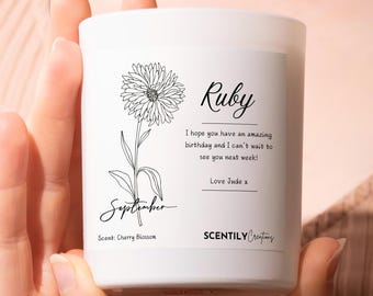 Birth Month Flower Candle – Personalised Birthday Gift for Her – Custom Date & Message – Handmade Soy Candle – 12 Months Available