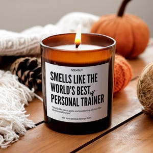 May include: A brown glass candle with a white label featuring the text: SCENTILY, SMELLS LIKE THE WORLD'S BEST PERSONAL TRAINER, Smells like sweat, gains, and questioning all your life choices mid-burpee, add your optional message here. A lit wick.