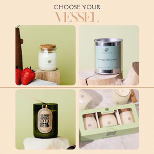 May include: Choose your vessel for your candle.  Four different candle jars are shown: a glass jar with a cork lid, a metal tin, a glass bottle, and a set of three glass jars in a box.  The candles are labeled with different scents: "Norwegian Forest Pine", "Columbian Arabica Coffee Bean", and "Luxury Candle Set".