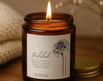 October Birthday Candle – Marigold Birth Flower Gift – Personalised Amber Jar Candle with Name & Message – Handmade Soy Gift UK