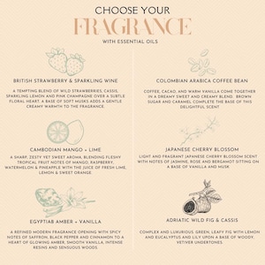 May include: A graphic with text that reads "Choose Your Fragrance with Essential Oils".  The graphic features ten different fragrance options with a description of each scent.  The fragrances are: British Strawberry & Sparkling Wine, Colombian Arabica Coffee Bean, Cambodian Mango + Lime, Japanese Cherry Blossom, Egyptian Amber + Vanilla, and Adriatic Wild Fig & Cassis.