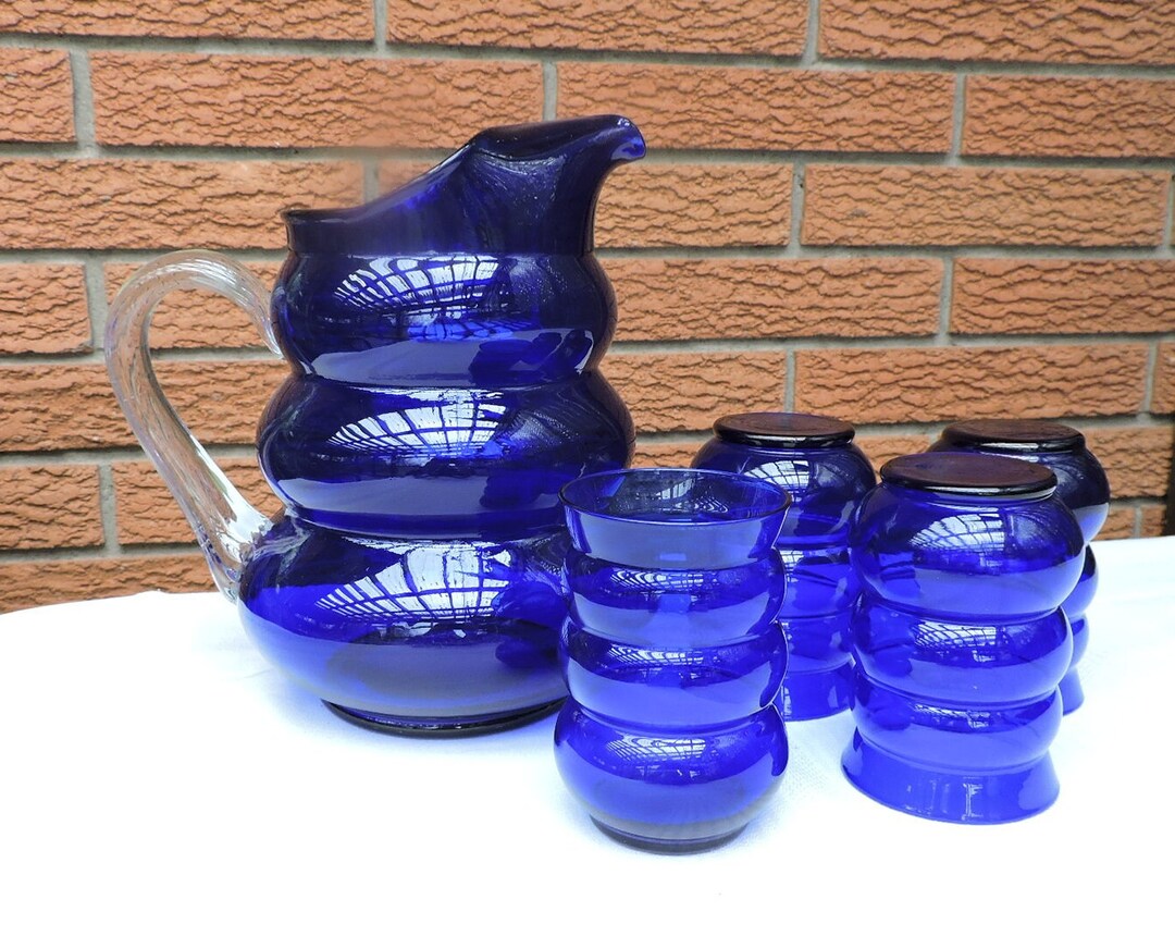 Harpo Cobalt Depression Glass Blue Jug Pitcher & Tumbler Set Etsy