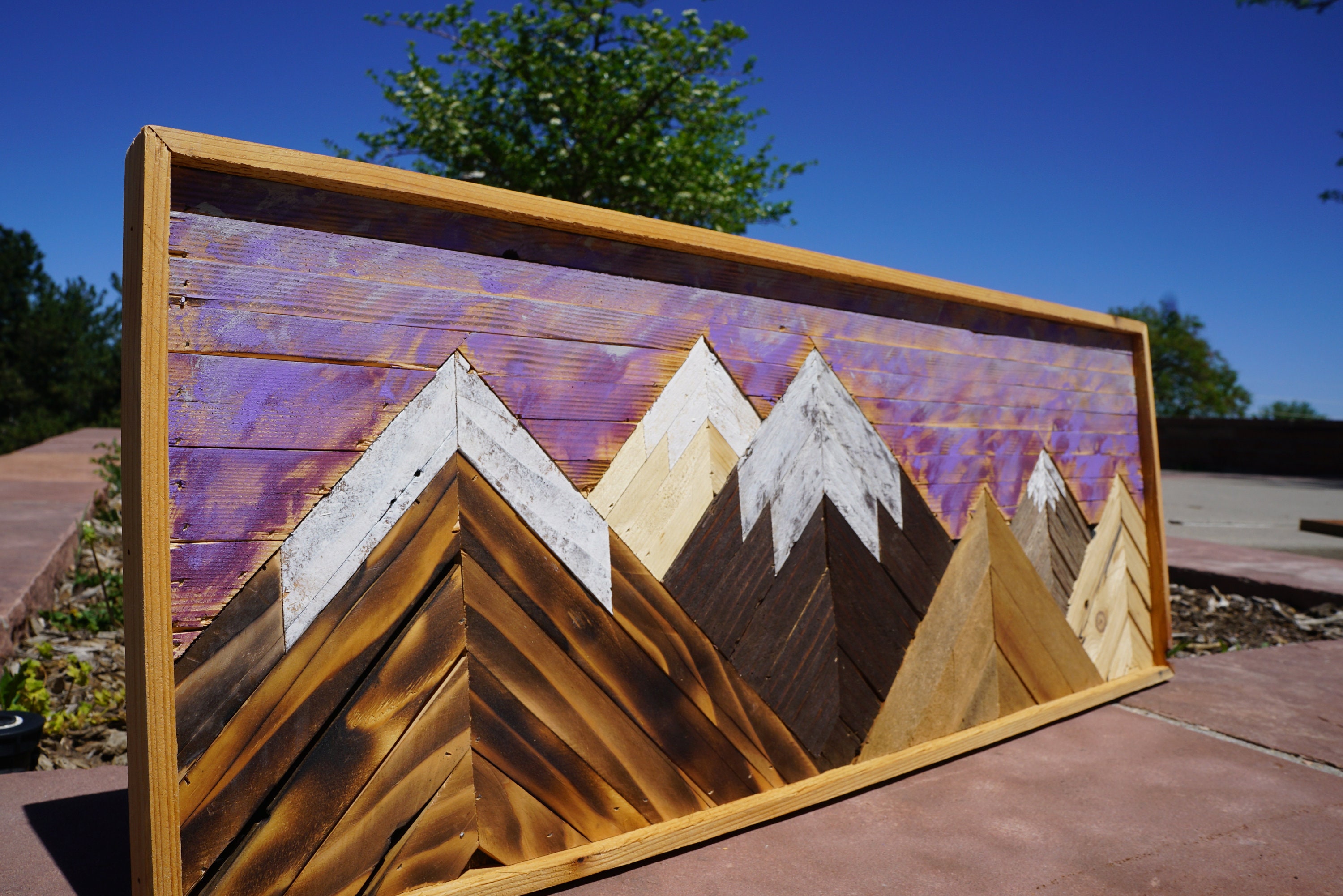 Reclaimed Wood Mountain Art Purple Sky Etsy