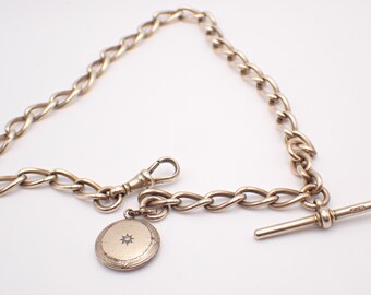 Antique Gold Plated Albert Watch Muff Guard Chain With Curb Links Fob & Tbar Fob 31cm 12.2" Heavy Duty