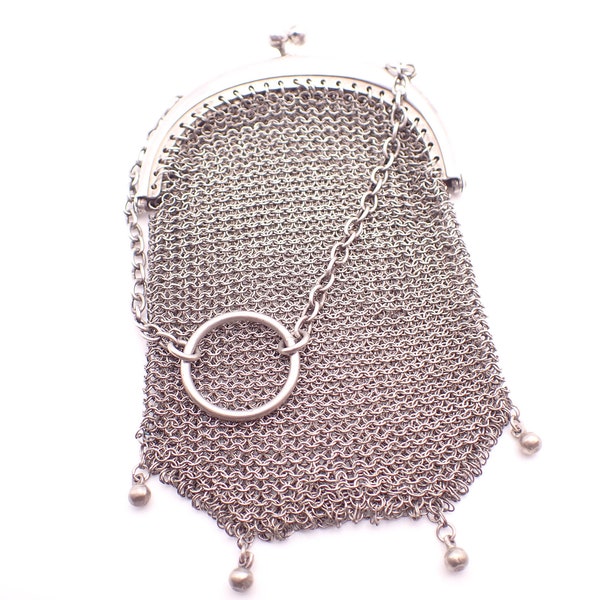 Antique Sterling Silver Ladies Chainmail Coin Purse Bag Double Compartment Chataline 1800s 10cm 4" Victorian