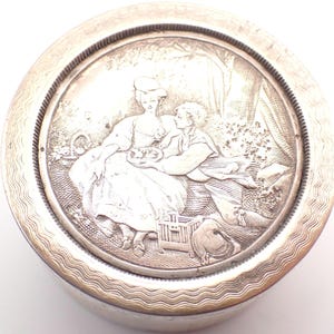 Antique Sterling Silver Plated Engraved Pill Trinket Jewellery Box Featuring Woman With Child Engine Turned 4cm 1.57&quot; Silk Lined