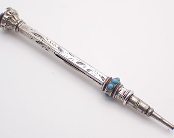 Antique Sterling Silver Propelling Sliding Pencil With Tuquoise & Bloodstone Victorian 7cm 2.75"