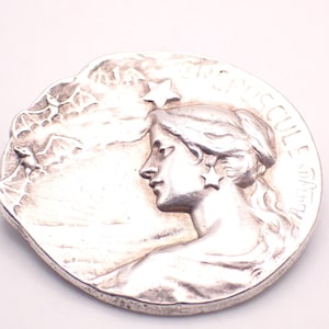 K&ouml;nnte beinhalten: Silberfarbene, runde Medaille mit dem Profil einer Frau, einem sternf&ouml;rmigen Ohrring und einem Stern &uuml;ber ihrem Kopf. Das Design umfasst Text am Rand und ein detailliertes Landschaftsrelief im Hintergrund.