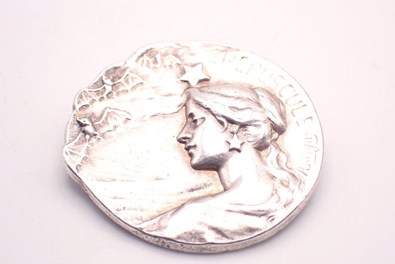 K&ouml;nnte beinhalten: Silberfarbene, runde Medaille mit dem Profil einer Frau, einem sternf&ouml;rmigen Ohrring und einem Stern &uuml;ber ihrem Kopf. Das Design umfasst Text am Rand und ein detailliertes Landschaftsrelief im Hintergrund.