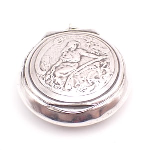 Antique Sterling Silver Plated Powder Compact Pill Trinket Box With Mirror In Lid Art Nouveau Woman Design Necklace Pendant 4.2cm 1.65&quot;