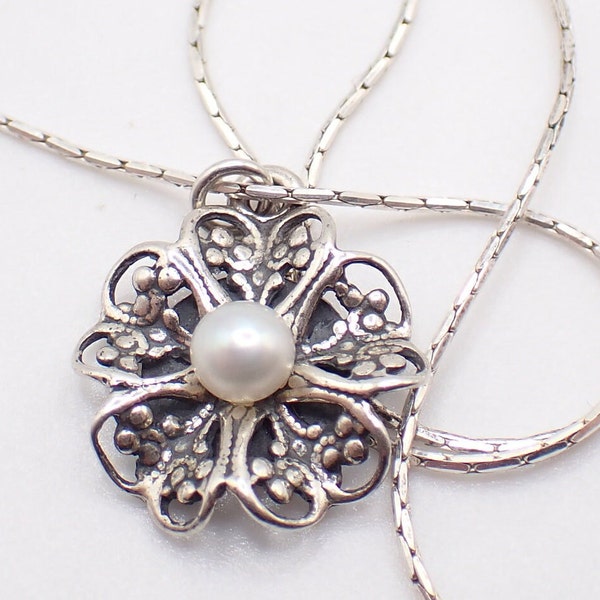 vintage Sterling Silver Necklace Pendant Choker Filigree Flower Pearl Hand Made In Isreal 46cm 18.1" Serpent Chain