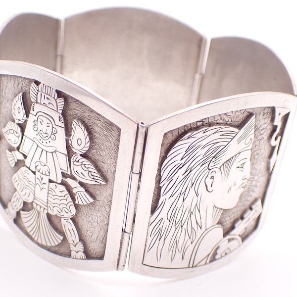 Vintage Casa Prieto 900 Silver Mexican Bracelet Depicting Aztec Gods Articulated Cuff Design Heavy 53g 1.7Oz 18.5cm 7.28"