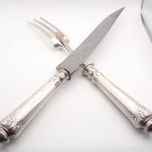 Antique French 950 Britannia silver Meat Carving Knife & Serving Fork Set Rococo Design In Original Box 34cm 13.38"