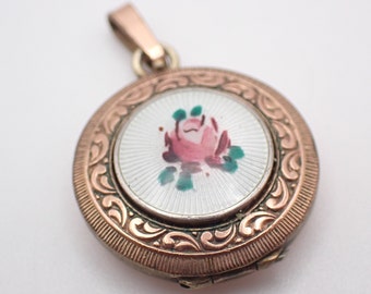 Vintage plaqué or rose 18 carats et argent sterling émaillé guilloché Double photo photo médaillon collier pendentif rose 2 cm 0,78"