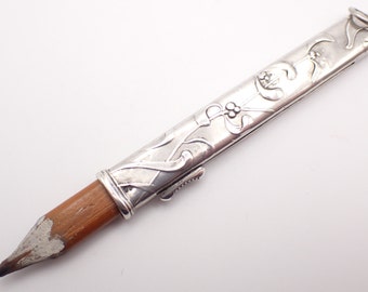 Antique French Sterling Silver Art Nouveau Propelling Sliding Pencil Mistletoe For Chatelaine Handbag 7.5cm 2.95"