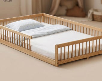 Cama de casal com grades laterais - Cama Montessori com grades - Madeira maciça de faia ou carvalho, cama baixa para família