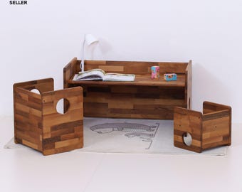 Vintage Nussbaum Montessori Cube Stuhl und Tisch Set - Massivholz