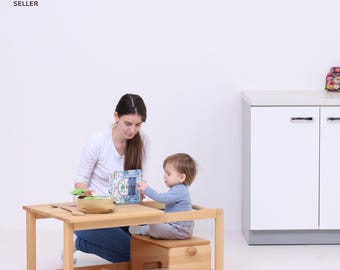 Lernturm aus Buchenholz Massivholz - 2 in 1 Küchenstufe Hocker & Tisch