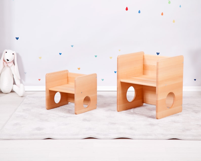 Piccolo set di sedie Montessori cUbe 2 pezzi COMPLETAMENTE IN LEGNO MASSELLO immagine 5