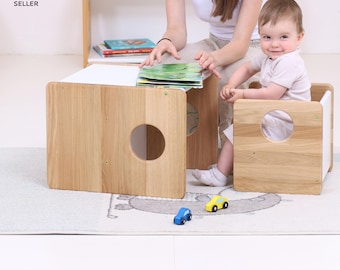 LUXURY OAK COLLECTION ! Montessori cUbe chairs - first chair and table - solid oak wood