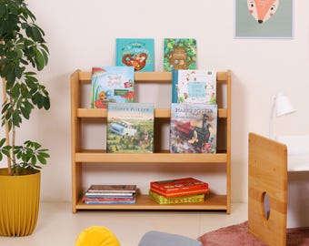 Extra großes Montessori-Bücherregal aus massiver Buche, Kleinkind-Buchaufbewahrung