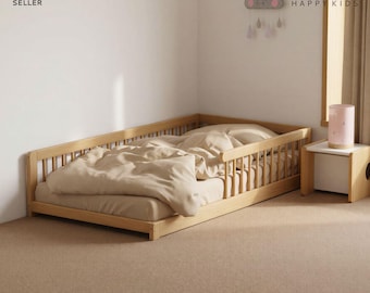 LUXUS Eiche L-FLOORbed mit Schienen & Offener Ecke - Montessori Bodenbett, Massivholz