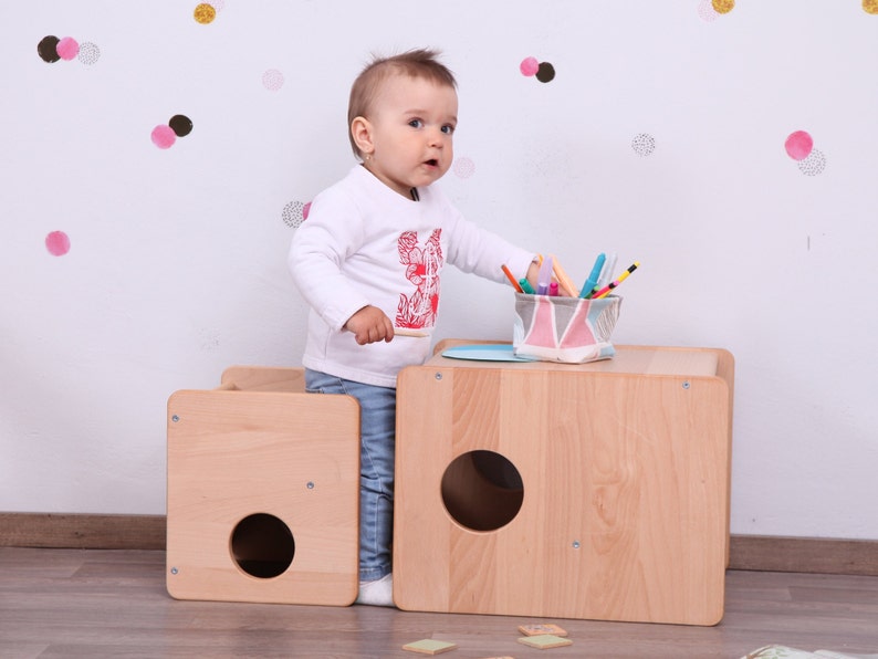 Little set of Montessori cUbe chairs 2 pieces FULL SOLID WOOD image 1