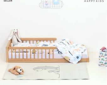 U-FLOORbed Montessori Bodenbett mit Schienen, Kinderbett mit offenem Ende (U-Form), Kinderbettrahmen aus massivem Buchenholz