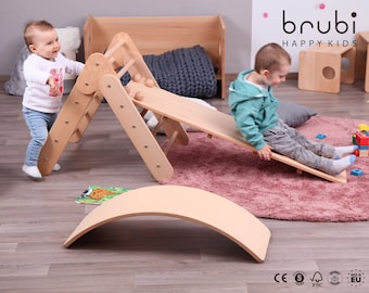 BÉBÉ LOT de 3 : triangle d'escalade + rampe + planche d'équilibre / Baby Kletterdreieck mit Rutche und Schaukelbrett