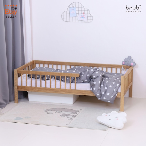 LUXURY oak MONTEbed - kids bed with rails + slatted base / Montessori toddler bed, oak solid wood