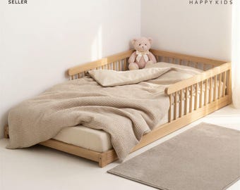 LUXUS Eichenholz U-Bodenbett mit Seitengitter – Montessori Bodenbett (U-Form) mit offenem Fußende