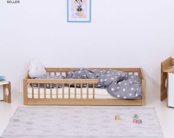 LUXURY Oak FLOORbed - łóżko piętrowe Montessori z barierkami, platforma do pokoju dziecięcego, lite drewno dębowe