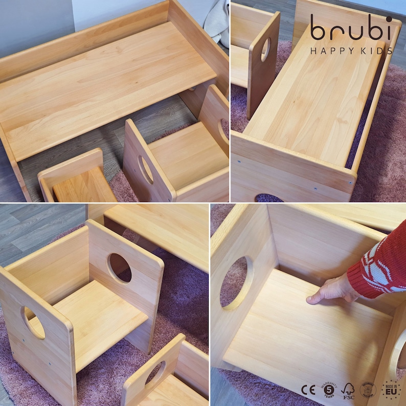 Piccolo set di sedie Montessori cUbe 2 pezzi COMPLETAMENTE IN LEGNO MASSELLO immagine 8