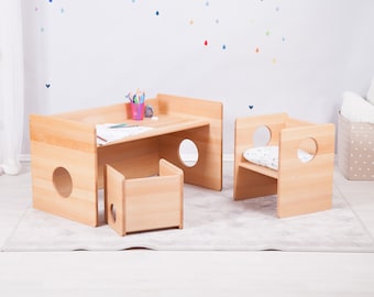 Grande set di sedie Montessori cUbe - 3 pezzi - COMPLETAMENTE IN LEGNO MASSELLO