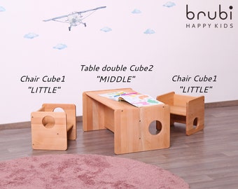 OFFRE LIMITÉE - Petit lot de chaises Montessori cubiques - 3 pièces - 2x cube1 + double cube2 - entièrement en bois massif - livraison GRATUITE !