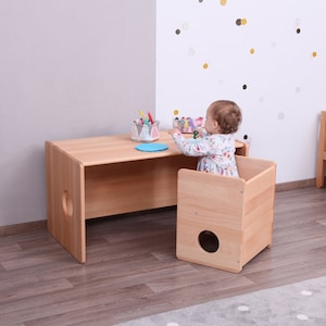 Montessori kubus stoel en tafel VOLLEDIG MASSIEF HOUT afbeelding 2