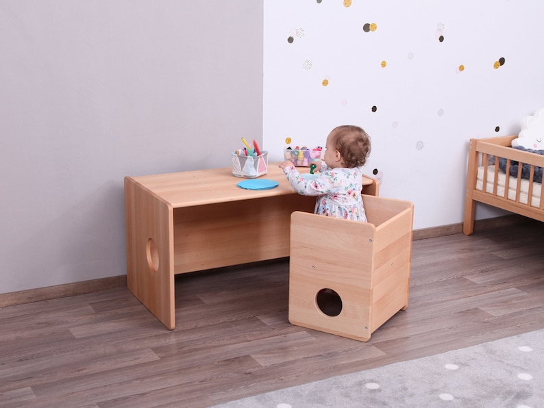 Montessori kubus stoel en tafel VOLLEDIG MASSIEF HOUT afbeelding 2