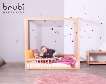 KUBO+ Montessori Kinderhaus Bett mit Gitter + Lattenrost