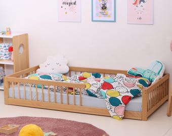 FLOORbed - Montessori Beech Wood Floor Bed with Rails, Toddler Nursery Platform