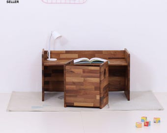LUXUS Vintage WALNUSS KOLLEKTION! Montessori Cube Stuhl und Tisch - massives Nussbaum Holz