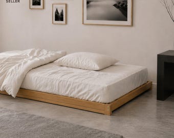 Solid Oak Low Platform Bed Frame – Japandi Minimalist Bed, Slatted Base Included, EU Single / UK Single